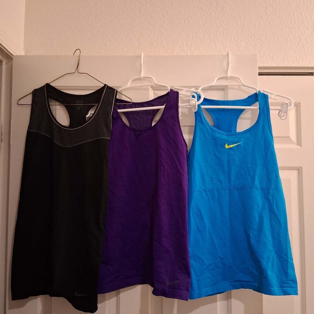 Lot of 3 Nike Compression Tanks Size Large Black Blue Purple
